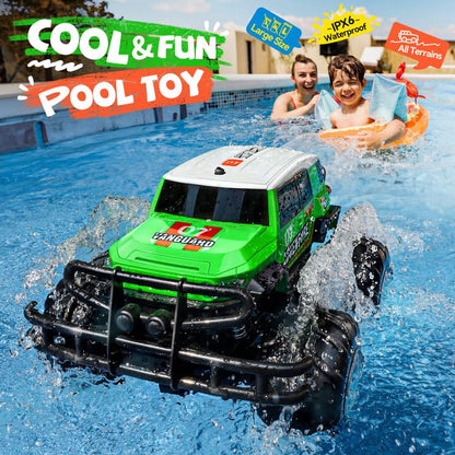 Ruko 1601AMP2 Amphibious RC Truck, 1:10 Scale All Terrains 4WD RC Car, IPX6 Waterproof Monster Truck with Lights, 2 Rechargeable Batteries for 50min Play, Gifts for Kids (Green)