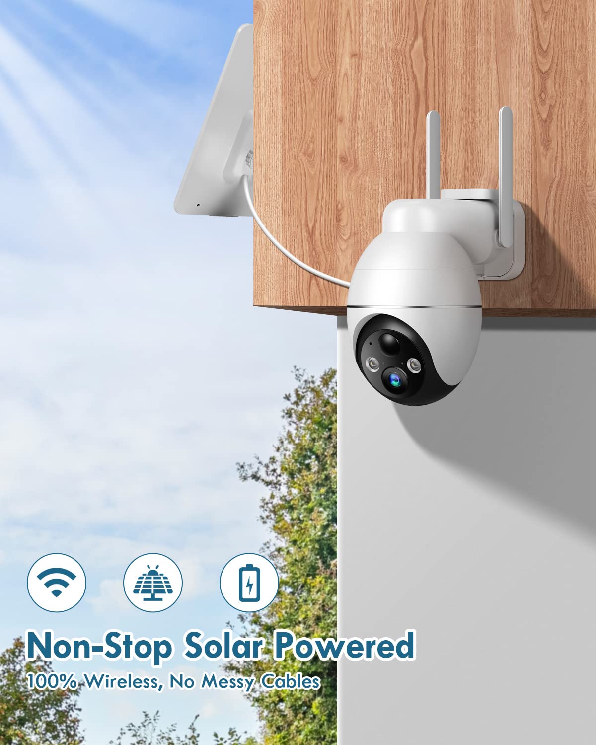 Recacam Solar Security Cameras Wireless Outdoor, 2K PTZ Solar Cameras for Home Security, 2.4G Wi-Fi Outdoor Camera Wireless with PIR, 2-Way Talk, IP65, 4dbi, Spotlight/Siren, Color Night Vision