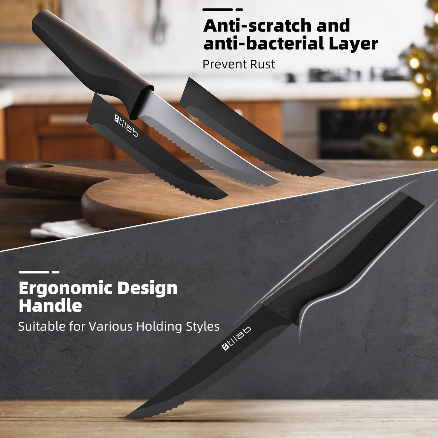 Stllab Steak Knives Set of 8, Serrated Stainless Steel Steak Knife, Dishwasher Safe, Black