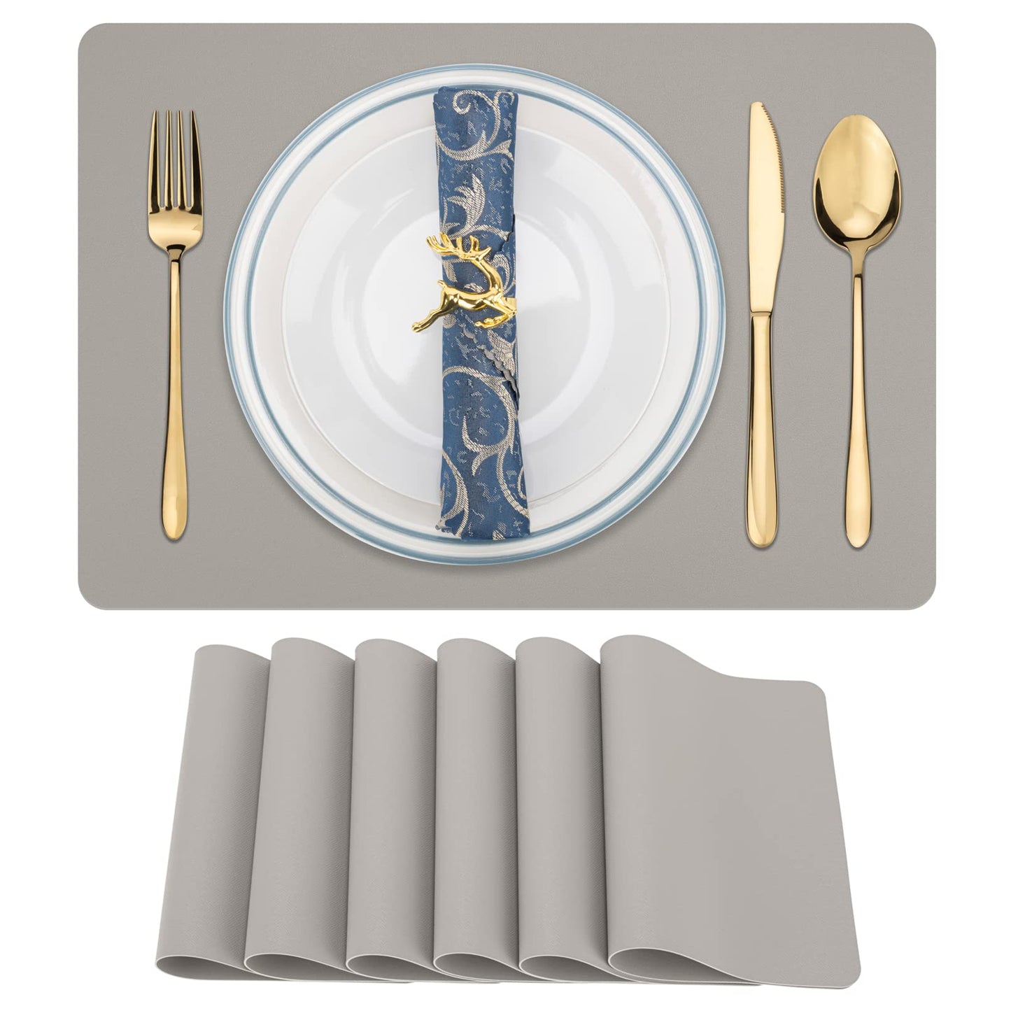 Placemats Set of 6, Heat Stain Scratch Resistant Faux Leather Table Mats Non-Slip Wipeable Waterproof Washable Indoor Outdoor for Dining Table Kitchen Decor (Grey)