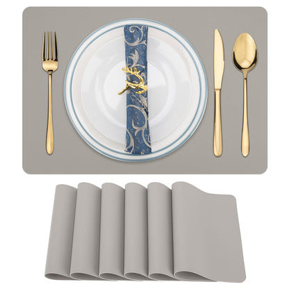 Placemats Set of 6, Heat Stain Scratch Resistant Faux Leather Table Mats Non-Slip Wipeable Waterproof Washable Indoor Outdoor for Dining Table Kitchen Decor (Grey)