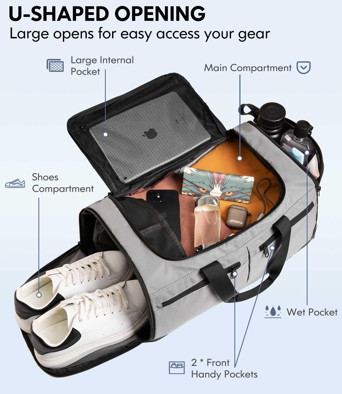 Gym Bag for Men Women, Foldable Travel Duffel Bags with Shoe Compartment & Wet Pocket, Lightweight Weekender Overnight Duffle Bag, Water Resistant Workout Sports Bag, Grey