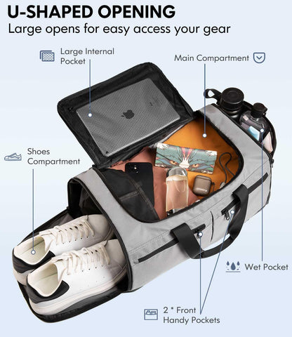 Gym Bag for Men Women, Foldable Travel Duffel Bags with Shoe Compartment & Wet Pocket, Lightweight Weekender Overnight Duffle Bag, Water Resistant Workout Sports Bag, Grey