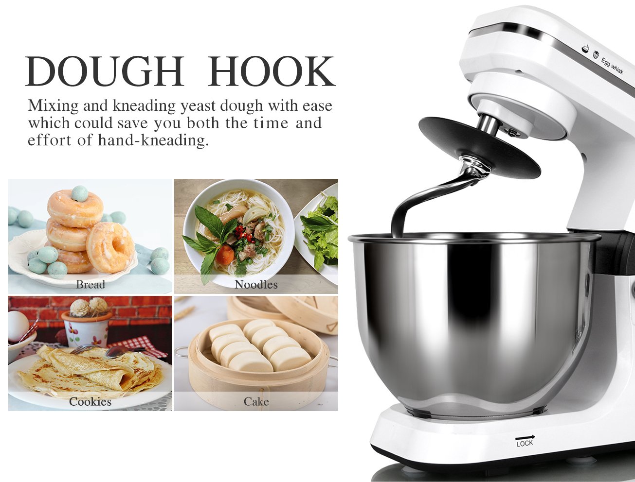 MURENKING Stand Mixer 5.3-Quart 500W,6+P Speed Tilt-Head Kitchen Electric Food Mixers Home Baking Dough Machine with Stainless Steel Bowl,Dough Hooks, Whisk, Beater, Pouring Shield (White)