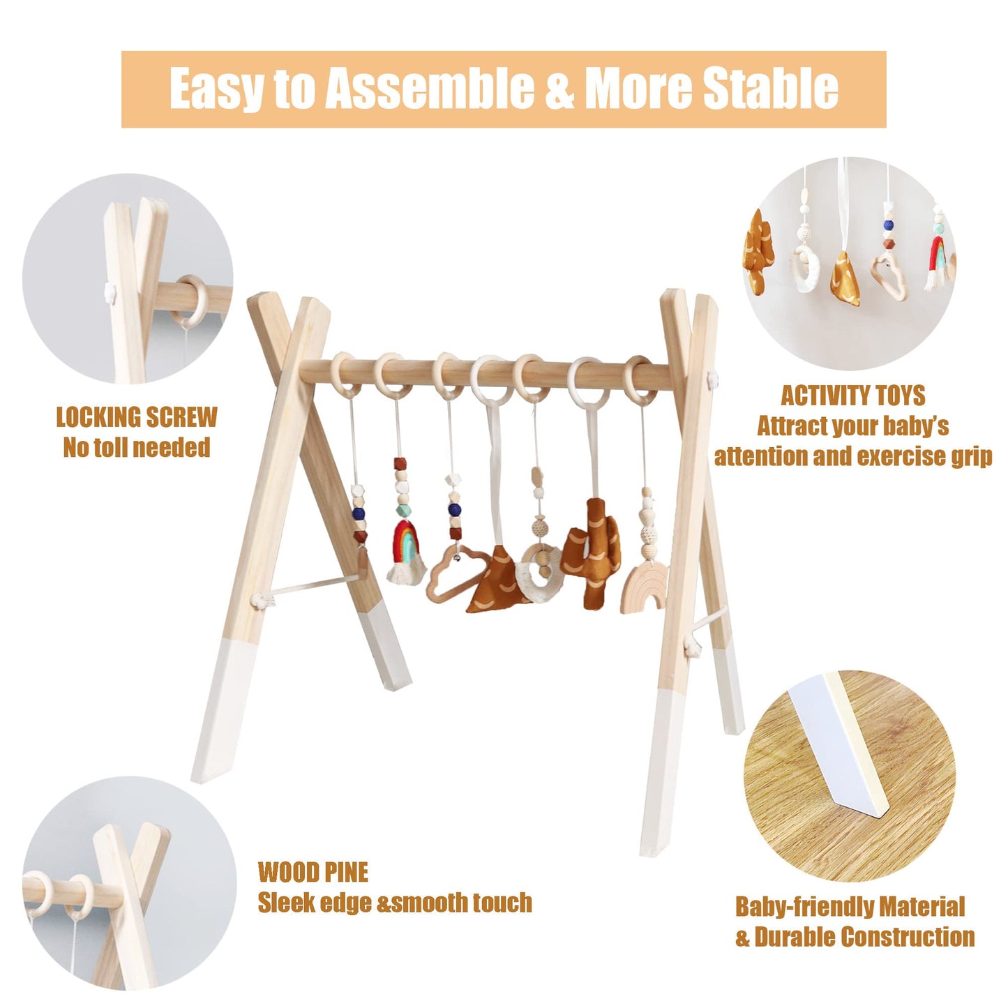 PgUp Baby Play Gym Wooden Baby Gym with 7 Toys, Foldable Wooden Play Gym Frame Hanging Bar, Toddler Montessori Activity Center for Play & Learn, Newborn Gift for Baby Girl and Boy