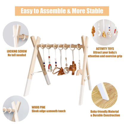 PgUp Baby Play Gym Wooden Baby Gym with 7 Toys, Foldable Wooden Play Gym Frame Hanging Bar, Toddler Montessori Activity Center for Play & Learn, Newborn Gift for Baby Girl and Boy