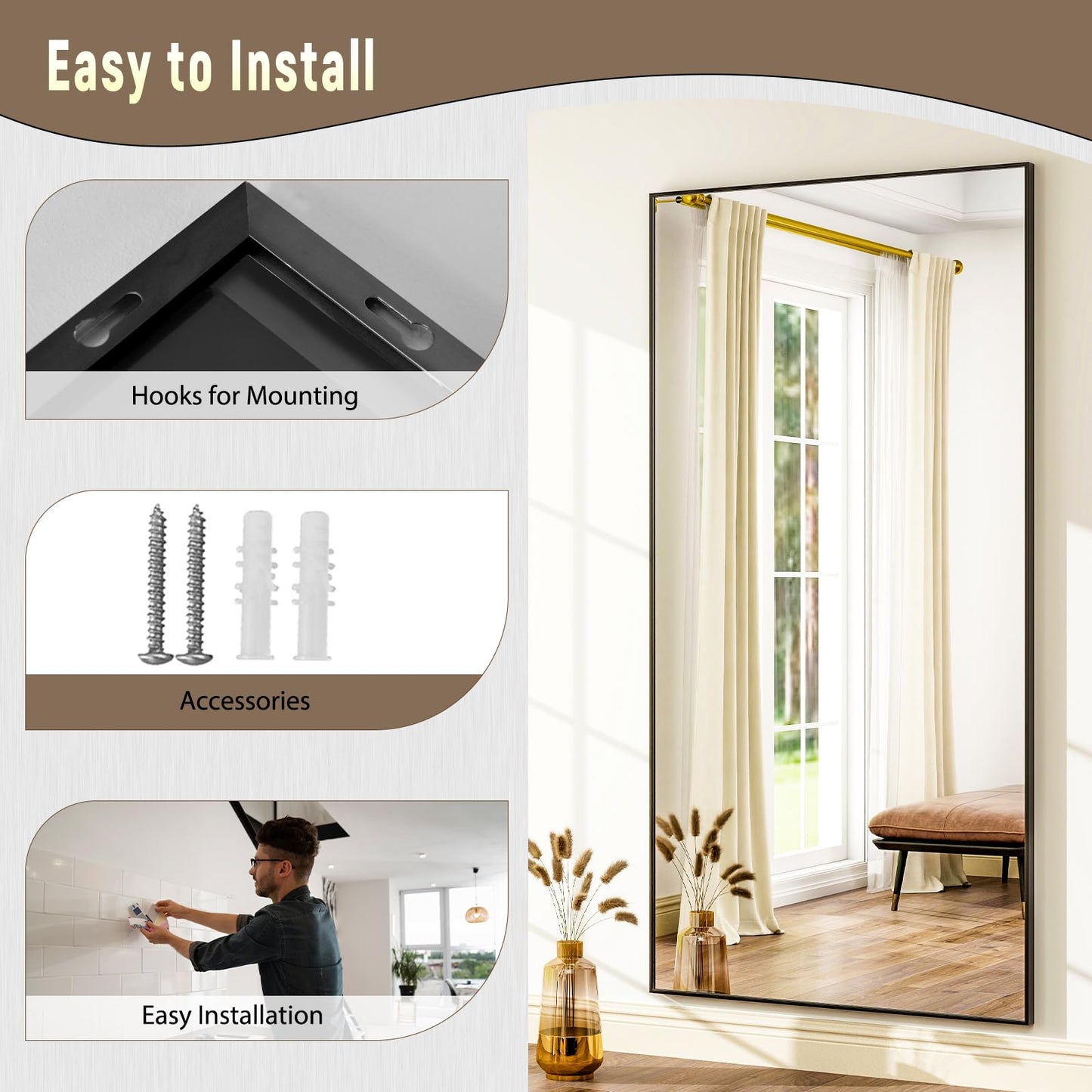 GLSLAND 71"x31" Full Length Mirror Extra Large Hanging or Leaning Rectangle Mirror Aluminum Alloy Thin Frame Bedroom Floor Dressing,Black