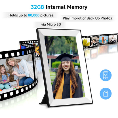 Frameo Digital Picture Frame,WiFi Slideshow Digital Photo Frame with 10.1 Inch IPS Touch Screen,Load from Phone to 32GB Digital Frame,Smart Rotating Pictures via White Electronic Picture Frame,Gift