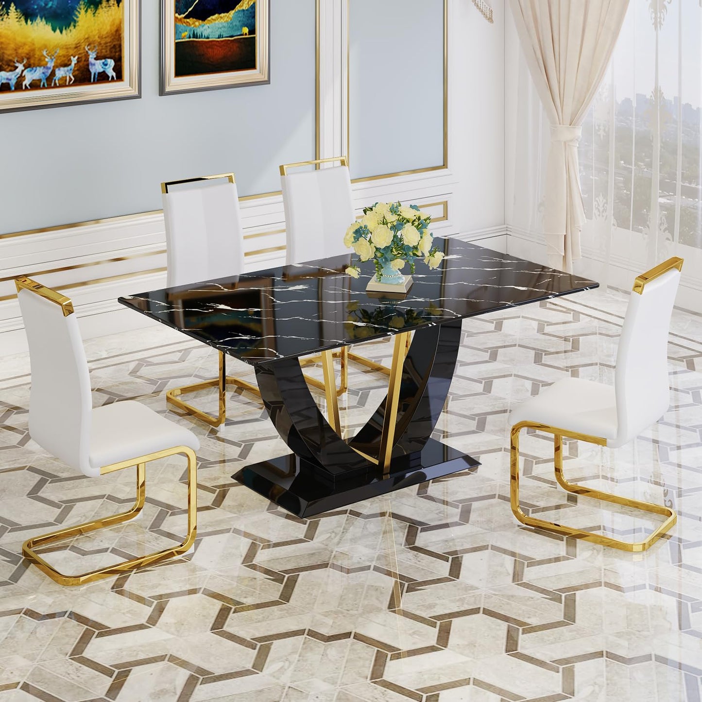 JUFU 71" Modern Dining Room Table Set for 6, Black Marble Faux Kichen Table Set with U-Shaped Base，Luxurious Rectangular Diner Table ANG Leather Dining Chairs with Golden Legs