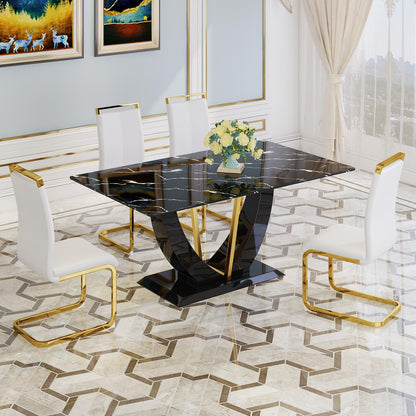 JUFU 71" Modern Dining Room Table Set for 6, Black Marble Faux Kichen Table Set with U-Shaped Base，Luxurious Rectangular Diner Table ANG Leather Dining Chairs with Golden Legs