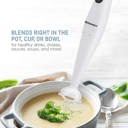 Elite Gourmet EHB-2425X Electric Immersion Hand Blender, Mixer, Chopper, 1-Touch Control Multi Purpose Electric Immersion Stick, Mixer, Chopper, 150 Watts, For Soups, Sauces, Baby Food, White