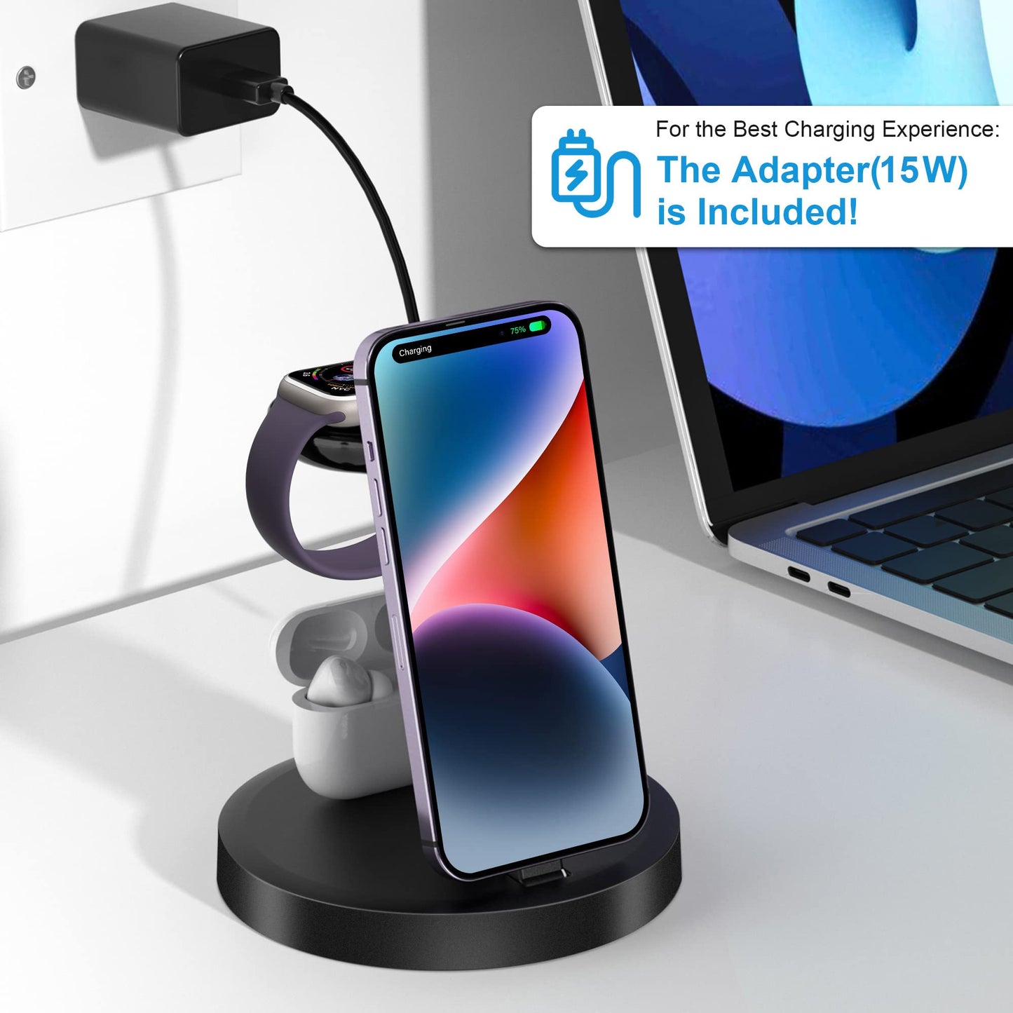3 in 1 Charging Station, ORIEMAC Wireless Charger for Apple Watch Series 8/7/6/5/4/3/2/SE, Charging Dock Stand for AirPods iPhone 14/13/12/11/Pro/Pro Max/XS/XR/X/8 with 15W Adapter