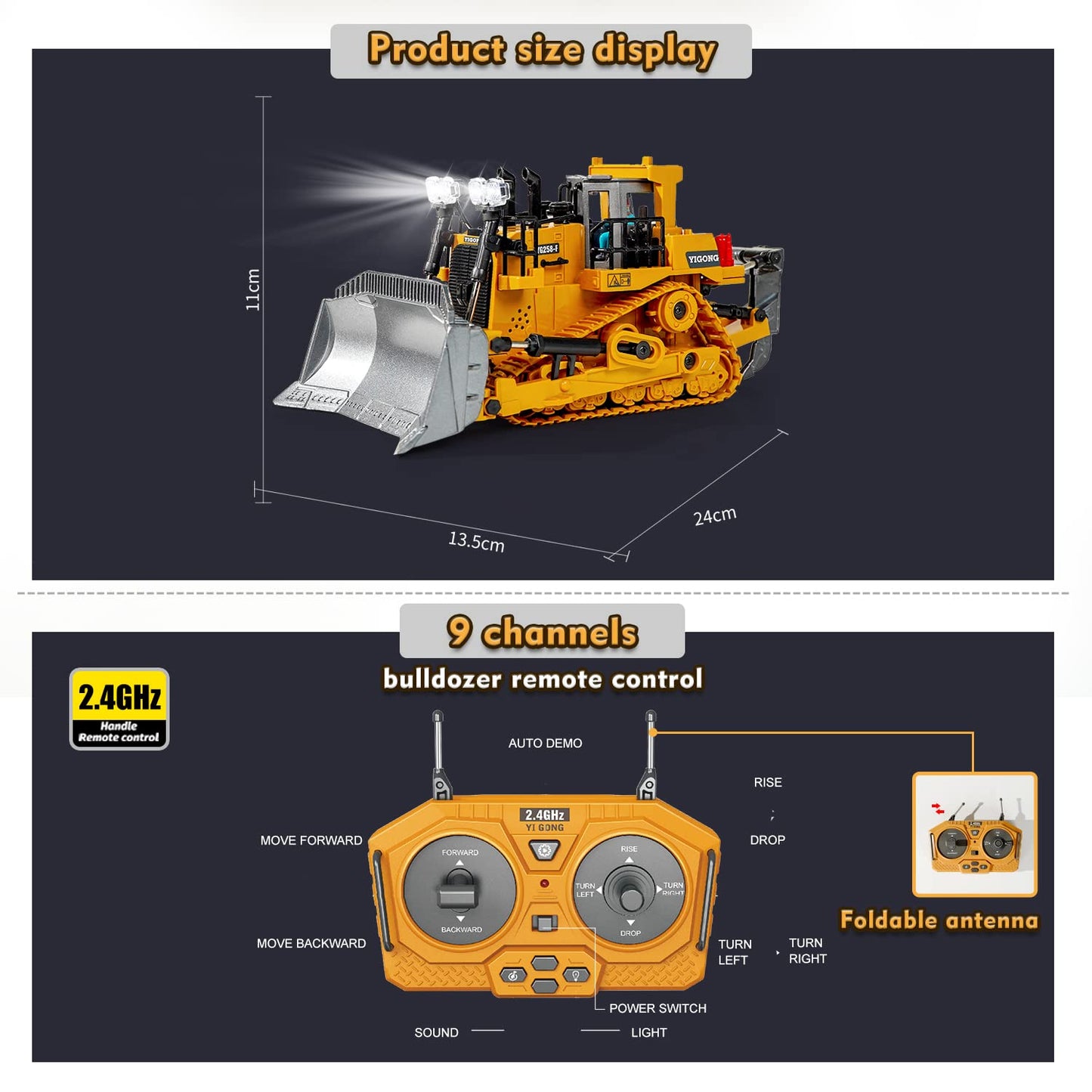 FUUY Remote Control Metal Bulldozer Toy for Kids Ages 3-7 - Realistic Construction Vehicle with Shovel and Ripper for Boys - Building Toys