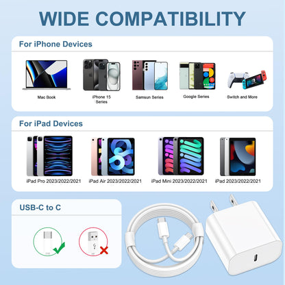 iPhone 15 Charger, Fast iPad Charger 2Pack 20W USB C Charger Block with USB C to USBC Cable 6FT for iPhone 15/15 Plus/15 Pro/15 Pro Max, iPad 10th, iPad 11/12.9 inch, iPad Air 4/5th, iPad Mini 6
