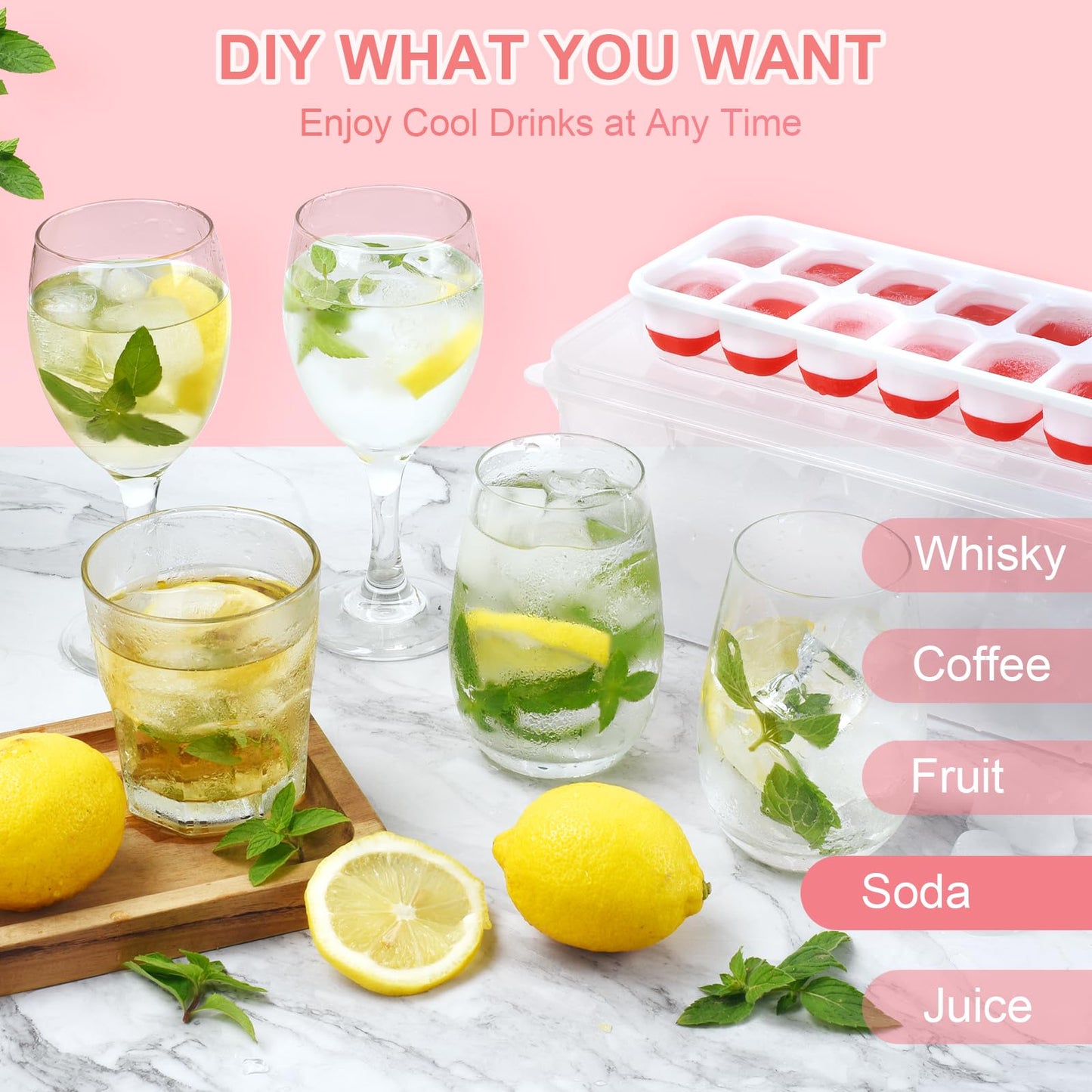 Aibirui Ice Cube Tray with Lid and Bin (14X4 Pcs), Silicone Ice Cube Trays for Freezer, Cooler Lunch Bag, Ice Cube Molds with Cooler Bag for Drinks, Ice Coffee, Outdoor Camping, Car, Beach (Red)