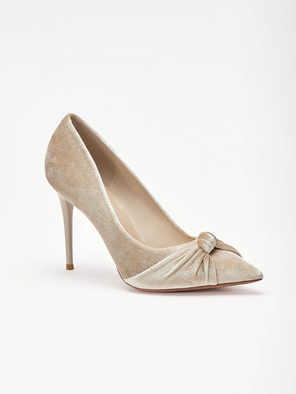 stylewe Velvet Heels for Women, Dressy High Heels with Twist Bow Knot, Stiletto Heels for Women Apricot