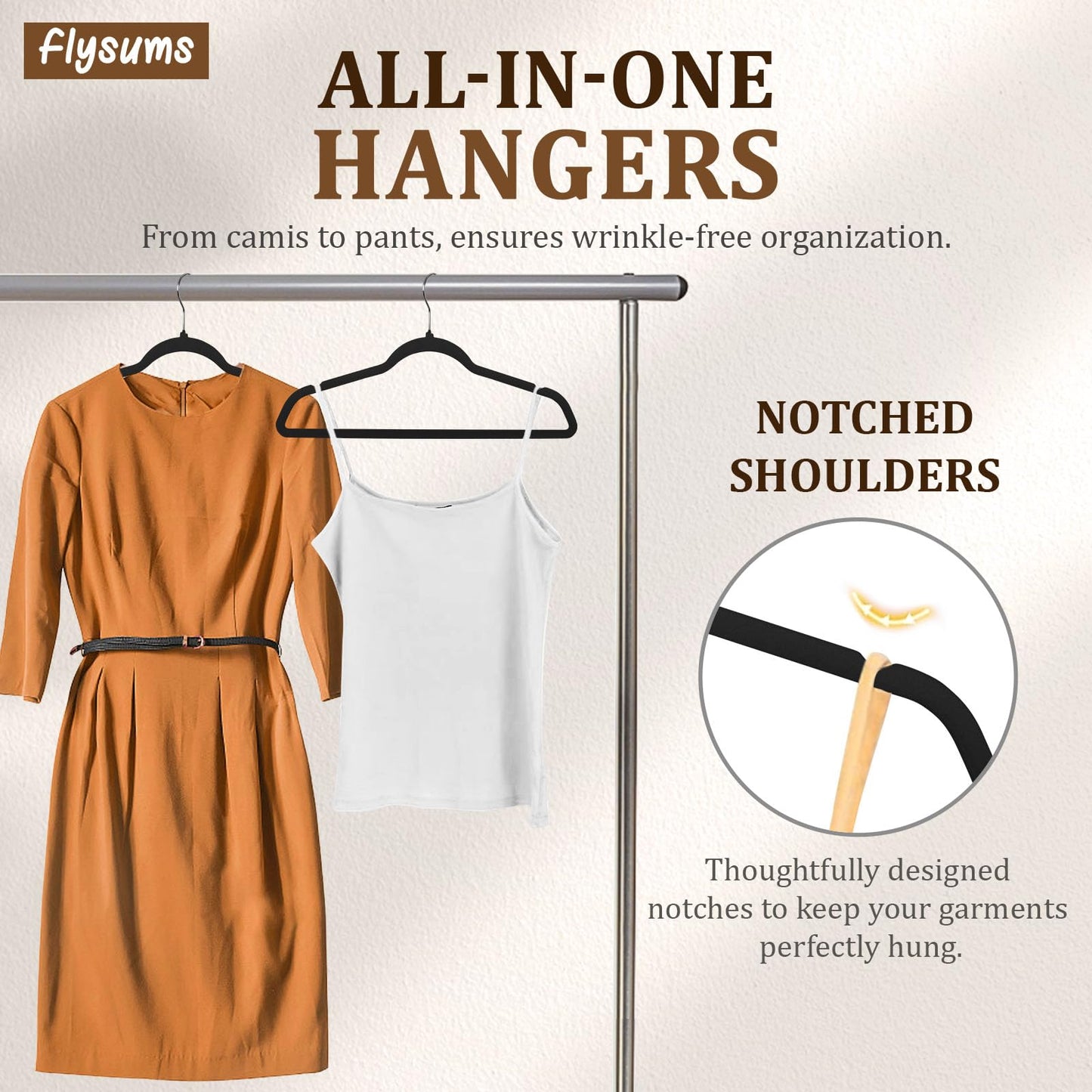 Flysums Premium Velvet Hangers 50 Pack with 10 Bonus Plastic Hangers, Heavy Duty Study Black Hangers for Coats, Pants & Dress - Non Slip Clothes Hanger Set - Space Saving Felt Hangers for Clothing
