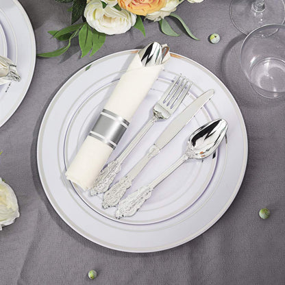 Liacere 30 Pack Silver Plastic Silverware Set with Pre Rolled Napkins - Heavy Duty Disposable Silver Plastic Utensils - Include 90PCS Silver Plastic Cutlery, 30Napkins for Wedding & Party