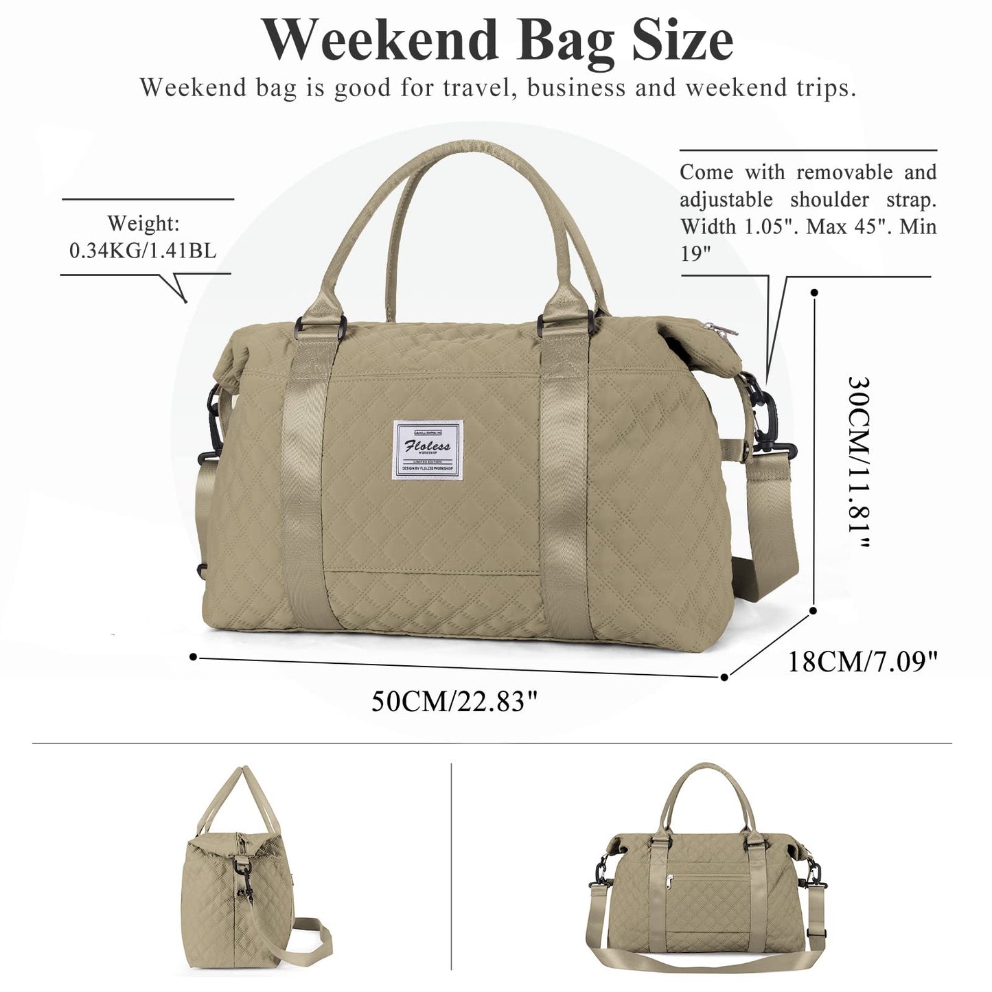 Weekender Bag for Women with Toiletry Bag, Travel Duffel Bag Overnight Carry on Bag, Gym Tote Bag with Wet Pocket,Pale Khaki