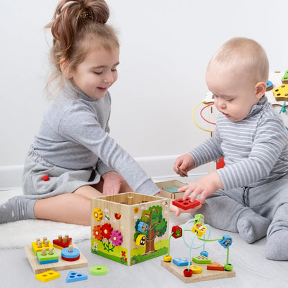 Resumplan 8-in-1 Baby Activity Cube – Premium Wooden Activity Cube Featuring Shape Sorting, Stacking Blocks, Xylophone, Wooden Montessori Toys for Baby, Educational Learning Toys for Toddlers