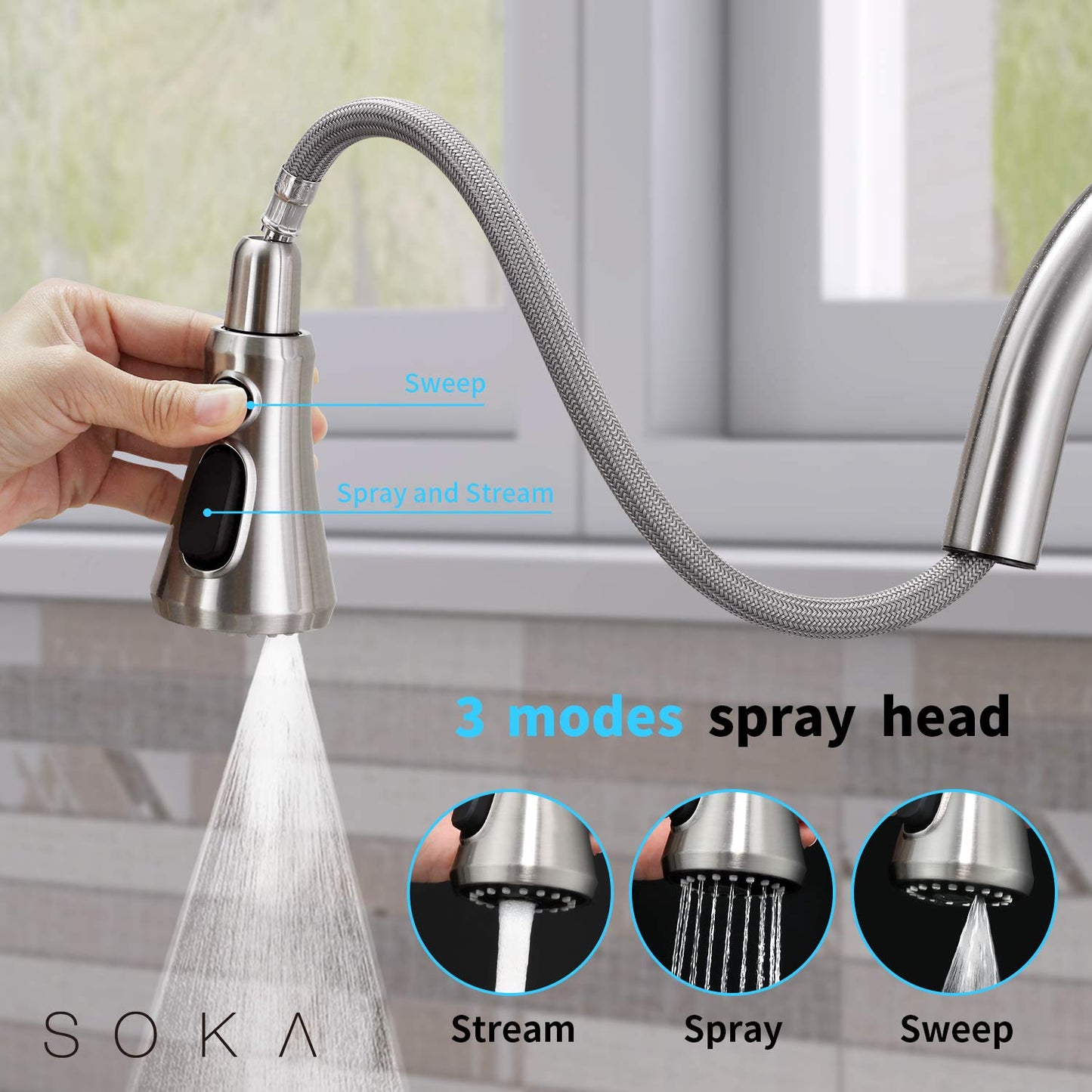 SOKA Commercial Kitchen Faucet with Pull Down Sprayer RV Touch Faucet for Kitchen Sink Singel Handle Travel Trailer Brushed Nickel Kitchen Faucet High Arc Fit for 1 & 3 Hole with Desk Plate