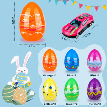 Hoarosall 12pcs Kids Easter Gifts Race Car Vehicle Toys,Prefilled Plastic Easter Eggs Gifts for Boys, Easter Eggs with Toys Inside Car Easter Toys for Kids Ages 4-8，8-12