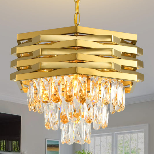 Gold Crystal Chandelier 15.7" Round Modern Crystal Chandeliers for Dining Room K9 3-Tiers Ceiling Pendant Light Fixtures Large Flush Mount Chandelier for Living Room Entryway Foyer Bedroom Kitchen
