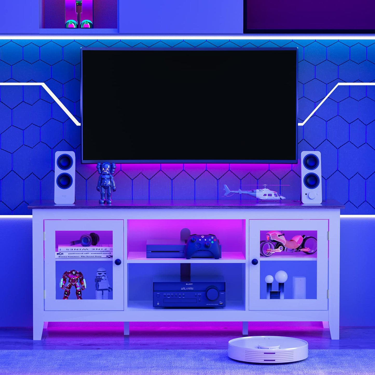 HAIOOU LED TV Stand with Charging Station, Modern Entertainment Center for TV up to 60 Inch, Television Media Console Cabinet with LED Lights, USB-C 18W Super Charge Port - White + Walnut Brown