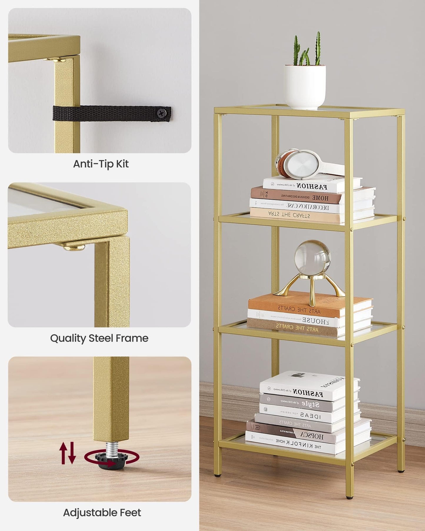VASAGLE Bookcase, 4-Tier Bookshelf, Slim Shelving Unit for Bedroom, Bathroom, Home Office, Tempered Glass, Steel Frame, Metallic Gold ULGT28G
