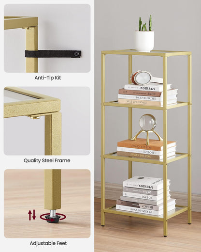 VASAGLE Bookcase, 4-Tier Bookshelf, Slim Shelving Unit for Bedroom, Bathroom, Home Office, Tempered Glass, Steel Frame, Metallic Gold ULGT28G