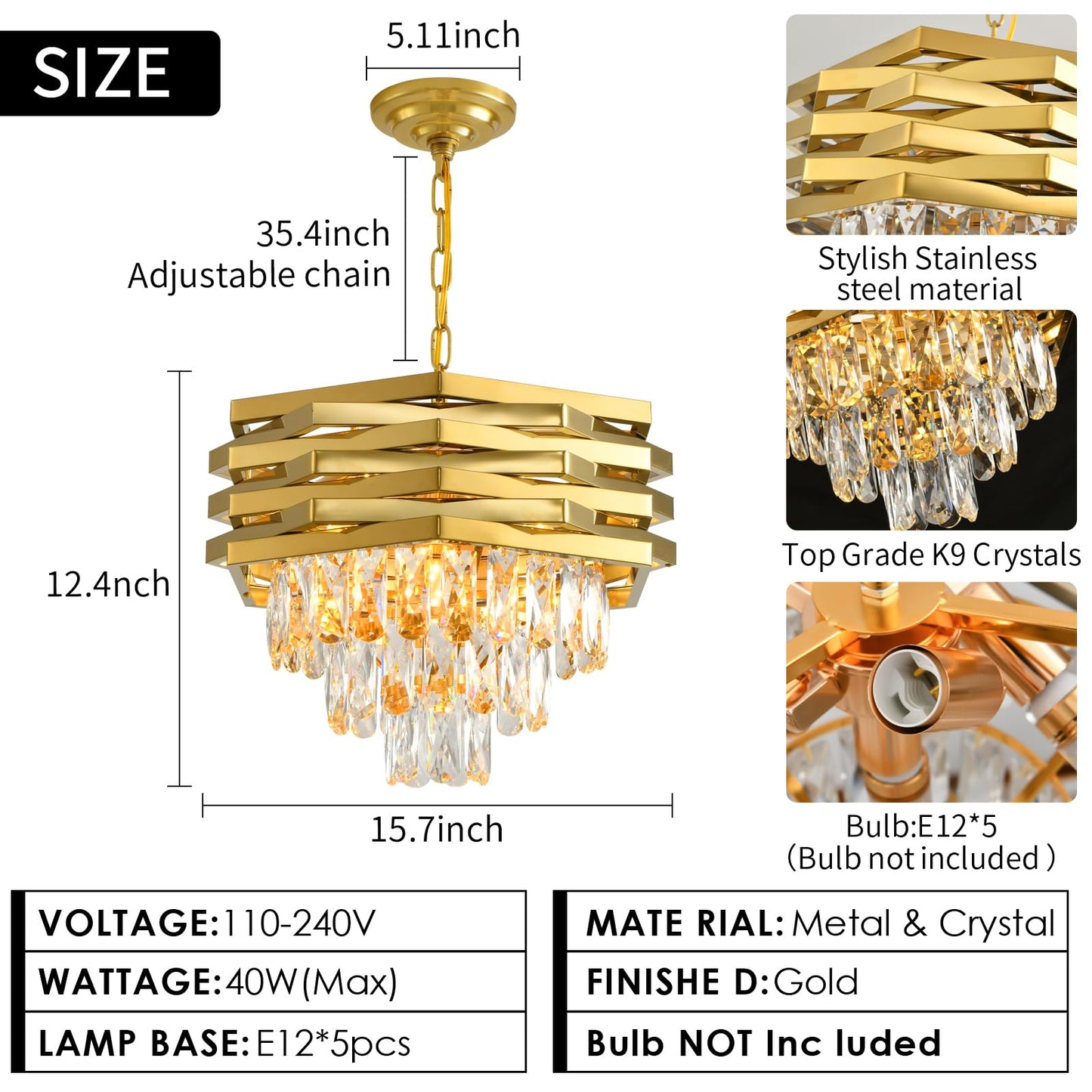 Gold Crystal Chandelier 15.7" Round Modern Crystal Chandeliers for Dining Room K9 3-Tiers Ceiling Pendant Light Fixtures Large Flush Mount Chandelier for Living Room Entryway Foyer Bedroom Kitchen