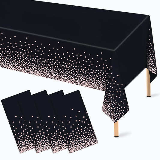 Mulbozy 4 Pcs Rose Gold Black Tablecloth 54"×108" Disposable Waterproof Table Cover Rose Gold Dot Plastic Tablecover for Birthday Parties, Wedding, Anniversary, Baby Shower, Fine Dining Decoration