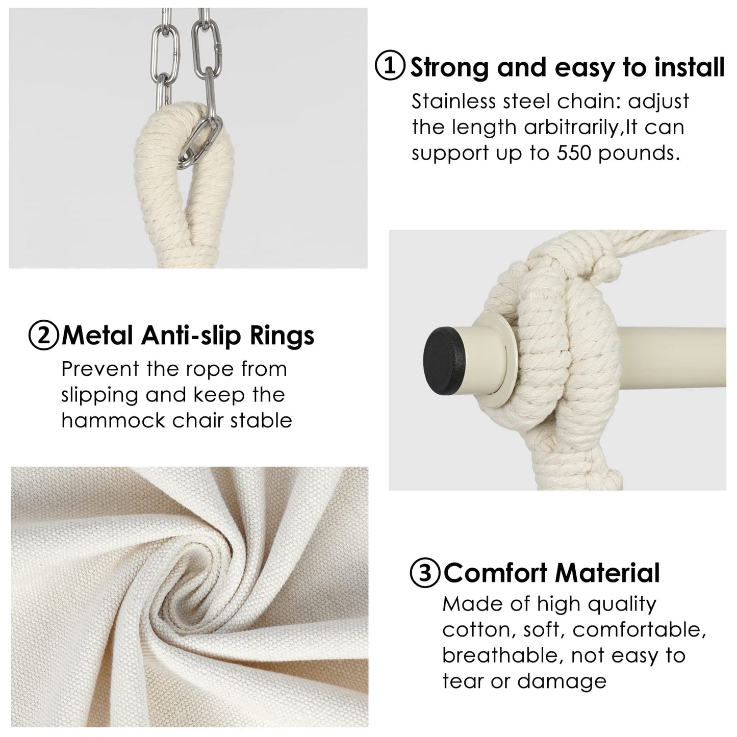 Y- STOP Hammock Chair Hanging Rope Swing, Max 500 Lbs, 2 Cushions Included, Large Macrame Hanging Chair with Pocket for Superior Comfort, with Hardware Kit (Beige)