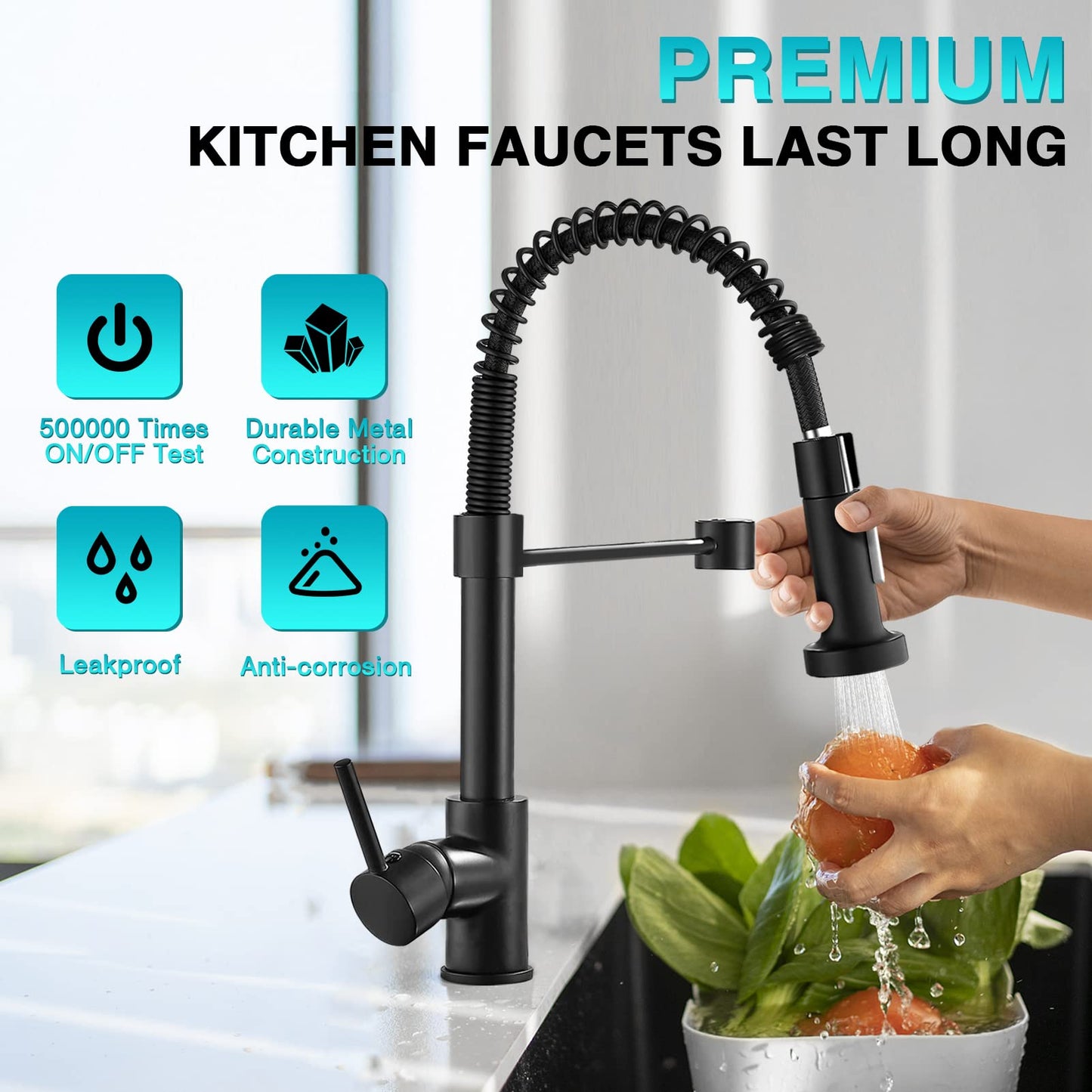 Stylish Kitchen Faucets with Pull Down Sprayer, Food Grade Material 304 Stainless Steel Single Handle Spring Kitchen Sink Faucet for Home,Commercial,rv Kitchen - Matte Black
