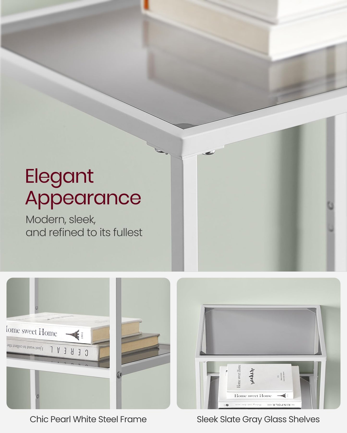 VASAGLE Bookcase, 4-Tier Bookshelf, Slim Shelving Unit for Bedroom, Bathroom, Home Office, Tempered Glass, Steel Frame, Pearl White and Slate Gray ULGT028W01