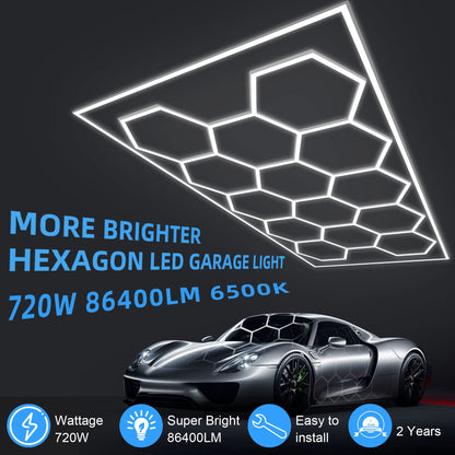 MODERN Hexagon Garage Light: Higher Brightness 720W 86400 Lumens Hexagon Led Garage Light with Rectangle Border 6500K for Garage, Basement, Warehouse, Auto Beauty Shop, Car Detailing Shop etc.