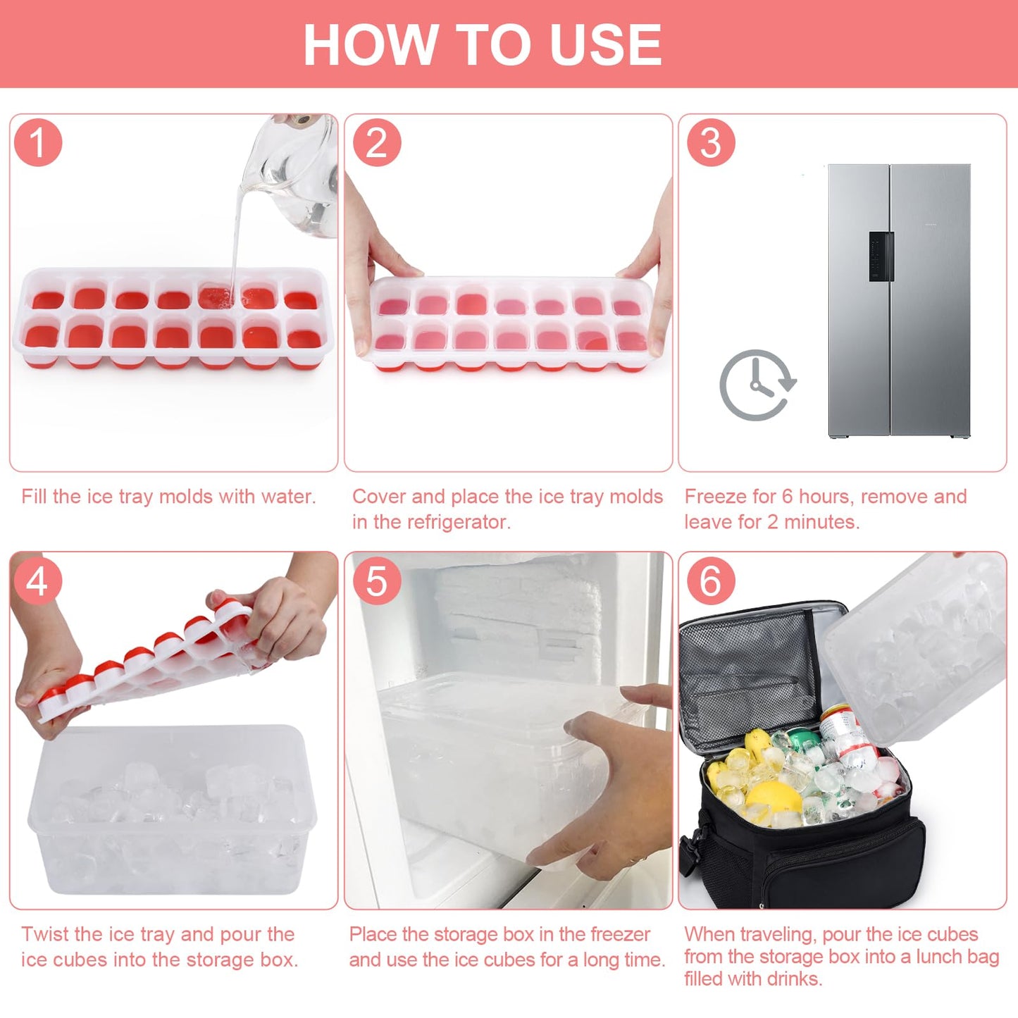 Aibirui Ice Cube Tray with Lid and Bin (14X4 Pcs), Silicone Ice Cube Trays for Freezer, Cooler Lunch Bag, Ice Cube Molds with Cooler Bag for Drinks, Ice Coffee, Outdoor Camping, Car, Beach (Red)