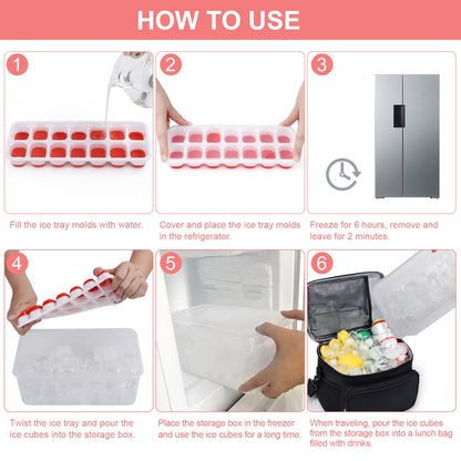 Aibirui Ice Cube Tray with Lid and Bin (14X4 Pcs), Silicone Ice Cube Trays for Freezer, Cooler Lunch Bag, Ice Cube Molds with Cooler Bag for Drinks, Ice Coffee, Outdoor Camping, Car, Beach (Red)