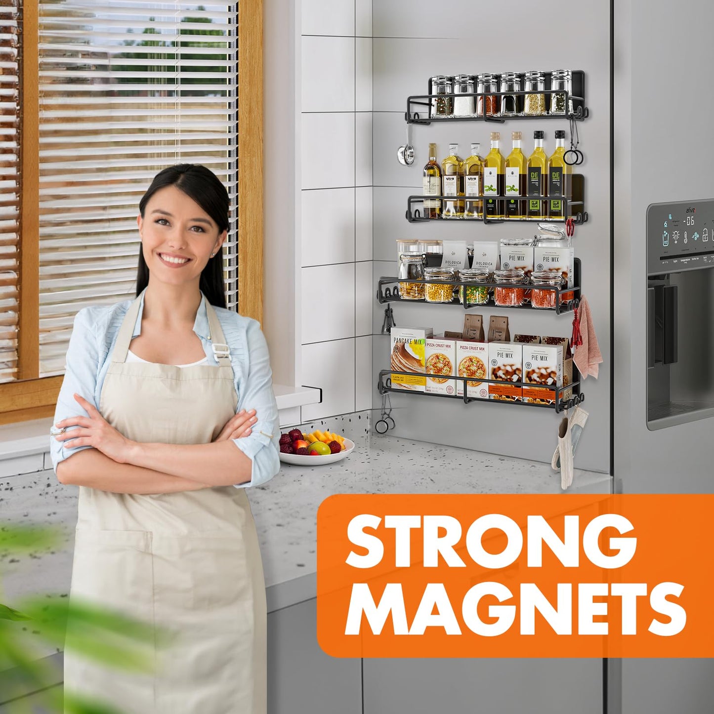 UPDATE: DEAD! SUNALLY Magnetic Spice Rack for Refrigerator, 4 Pack Magnetic Fridge Shelf with Hooks, Spice Organizer Shelf for Kitchen Organization and Storage, Seasoning Organizer Gadgets for Metal Surface