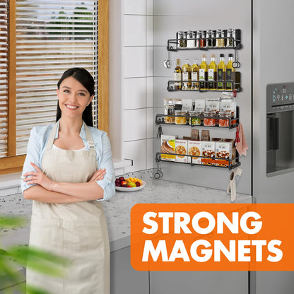 UPDATE: DEAD! SUNALLY Magnetic Spice Rack for Refrigerator, 4 Pack Magnetic Fridge Shelf with Hooks, Spice Organizer Shelf for Kitchen Organization and Storage, Seasoning Organizer Gadgets for Metal Surface