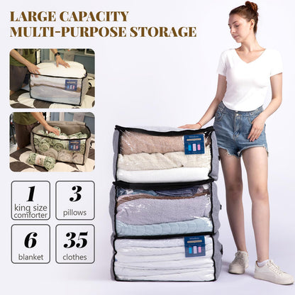 Miledicey 3-Ply Upgraded Cloth Bags for Blanket with Humidity Indicator (3 packs) | 90L Large Capacity Clothes Containers for Storing Comforter | Dust Proof Closet Orgnizer