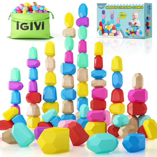 IGIVI Montessori Toys Rainbow Wooden Stacking Rock Set - 42 Natural Wood Blocks - Early Learning Sensory Toys for Toddlers - Birthday Gifts Toys for 2-4 Year Old Boys & Girls