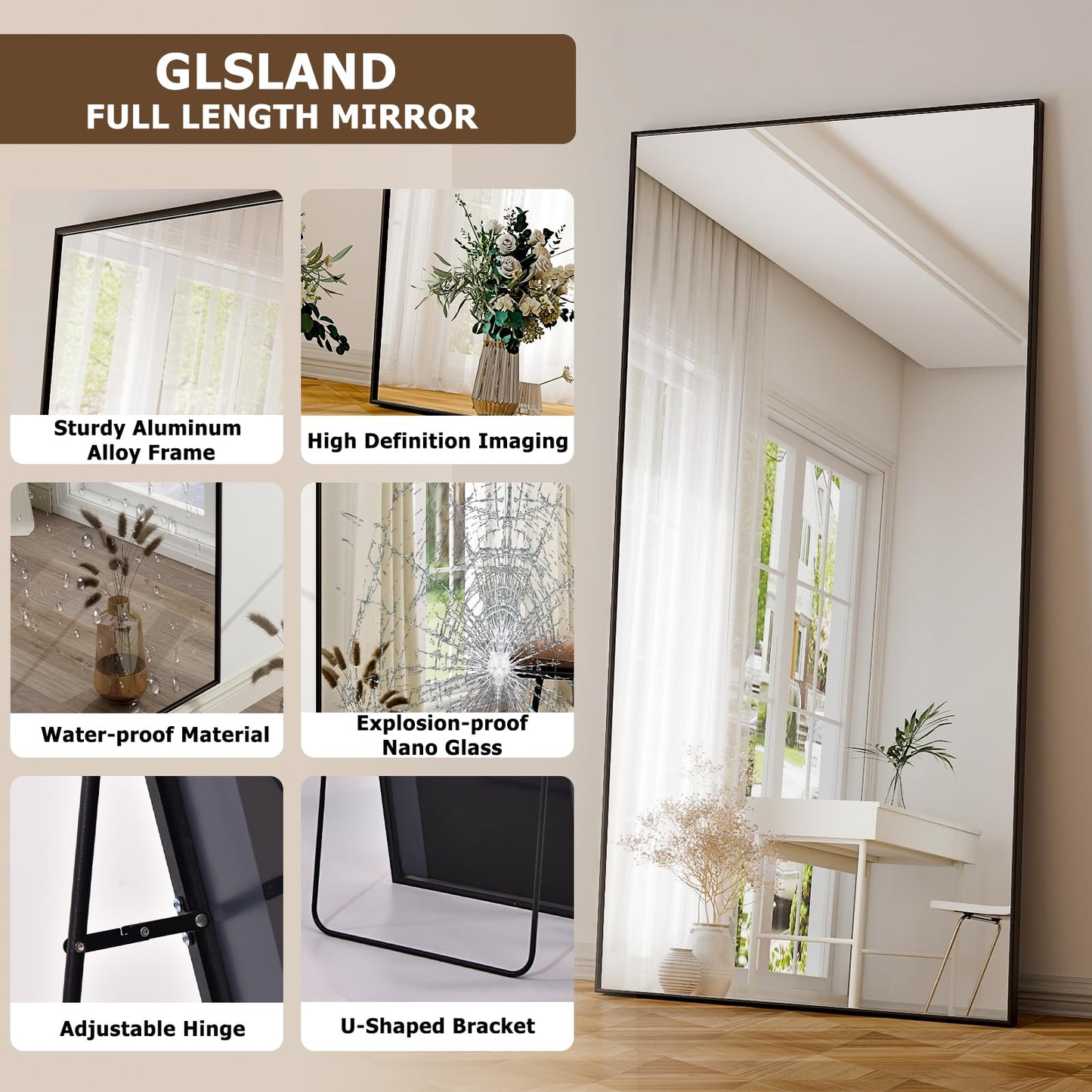 GLSLAND 71"x31" Full Length Mirror Extra Large Hanging or Leaning Rectangle Mirror Aluminum Alloy Thin Frame Bedroom Floor Dressing,Black