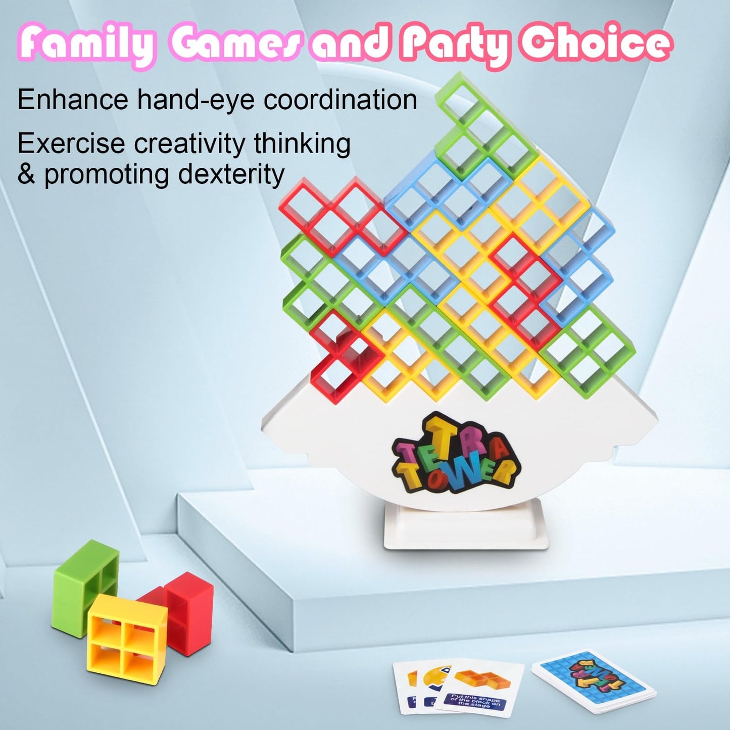 HOMELAM 64 PCS Tetra Tower Stacking Game with Storage Box, Balance Building Blocks Board Game, 2+ Players Family Games for Kids, Adults, Party, Friend