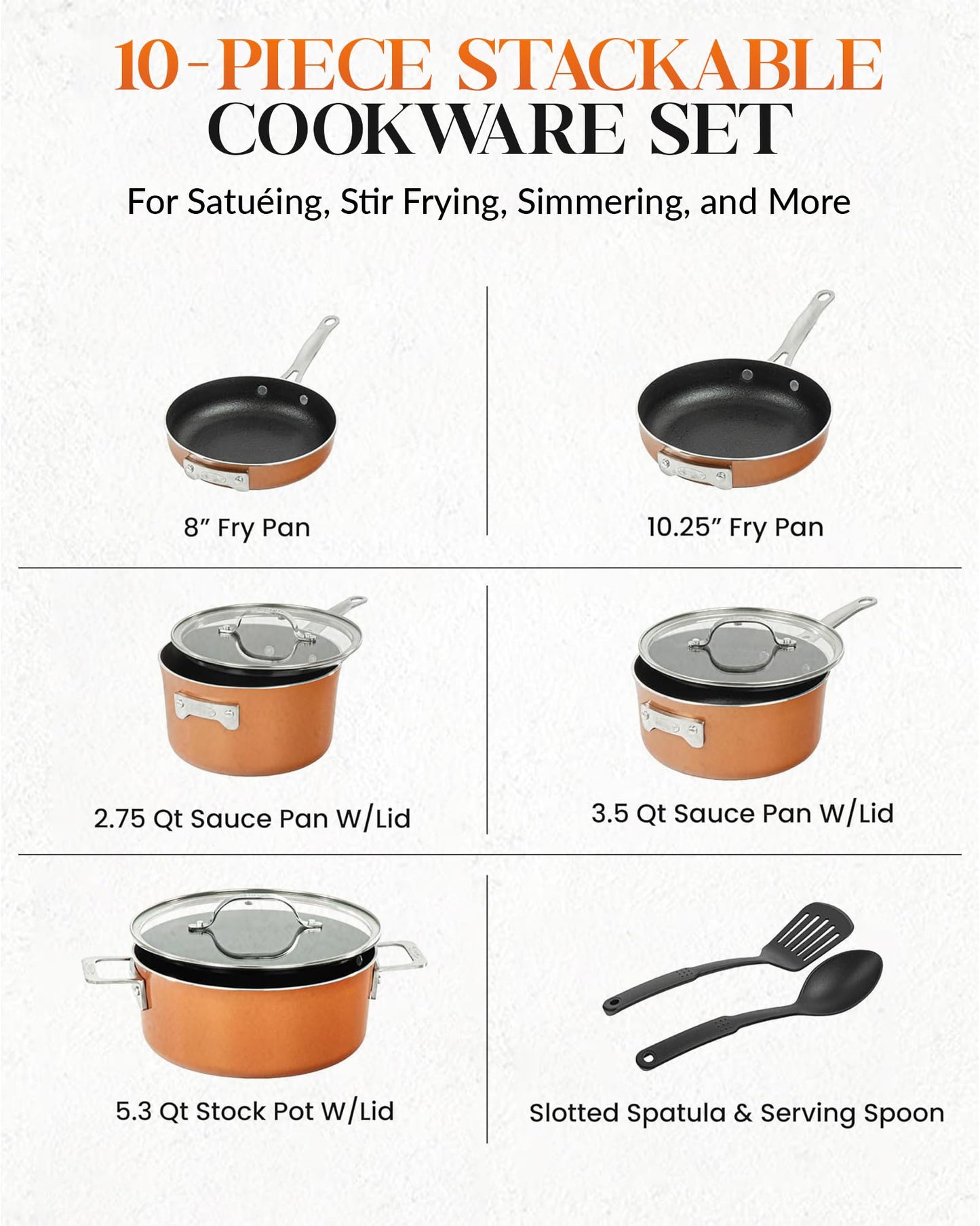 Gotham Steel 10 Pc Copper Pots and Pans Set Non Stick Cookware Set, Kitchen Cookware Sets, Pot and Pan Set, Pot Set, Space Saving Pots and Pans Set with Lids, Induction Cookware Set, Dishwasher Safe