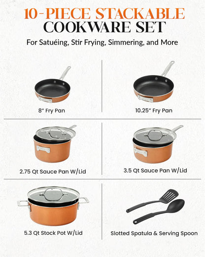 Gotham Steel 10 Pc Copper Pots and Pans Set Non Stick Cookware Set, Kitchen Cookware Sets, Pot and Pan Set, Pot Set, Space Saving Pots and Pans Set with Lids, Induction Cookware Set, Dishwasher Safe