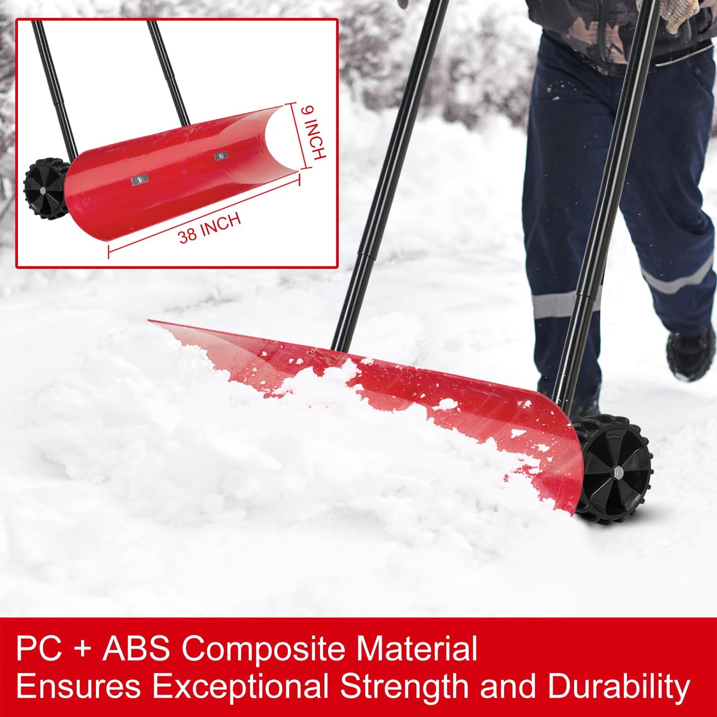 38 Inch Snow Shovel for Driveway, Brewin SnowPro Bi-Direction Heavy Duty Snow Pusher with Wheels and Angled Blade for Efficient Snow Removal, Back Saver Snow Plow for Dorway Sidewalk - Big Wheels