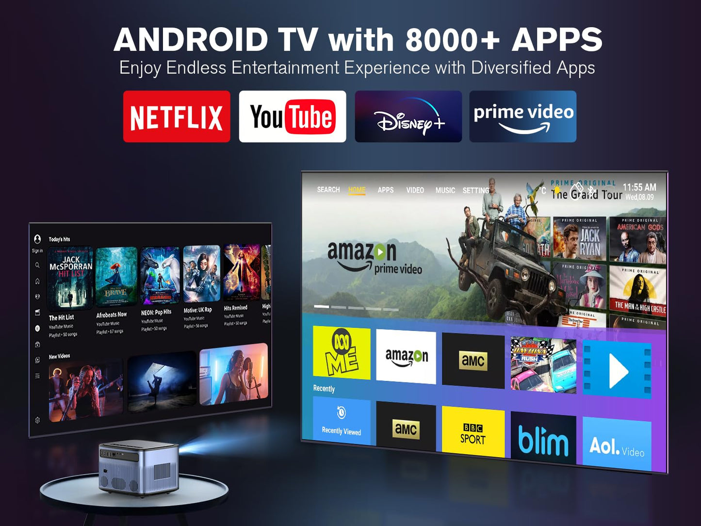 [Auto Focus/Keystone] Android TV Projector 4K with Netflix Built in, VIZONY 800ANSI 5G WiFi Bluetooth Outdoor Projector, FHD Home Movie Projector with 4P4D/Zoom/PPT Compatible Phone/Laptop, 8000+ Apps