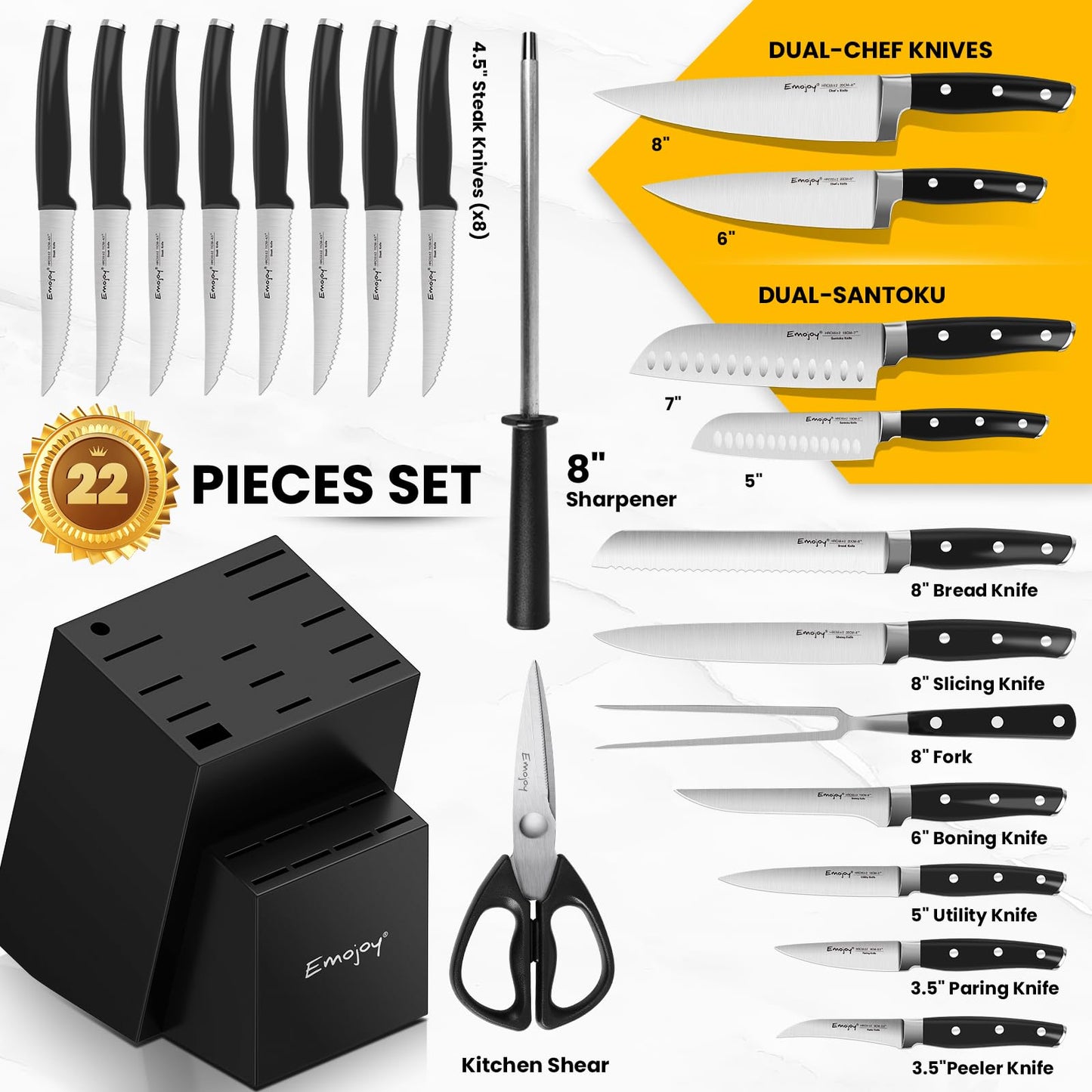 Emojoy 22-Piece Kitchen Knife Set with Block, Include 2-pair Chef Knives, Carving Fork and Sharpener (Dual-Chef Sets)