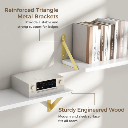 Floating Shelves Wall Mounted Set of 3, Rustic Wall Shelves for Home Decor, Floating Wood Shelf for Books, Plants, Pictures, Storage Wall Shelf for Bathroom,Kitchen,Living Room (White and Gold)